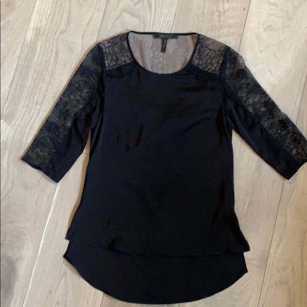BCBG Maxazria black silk looking and lace top